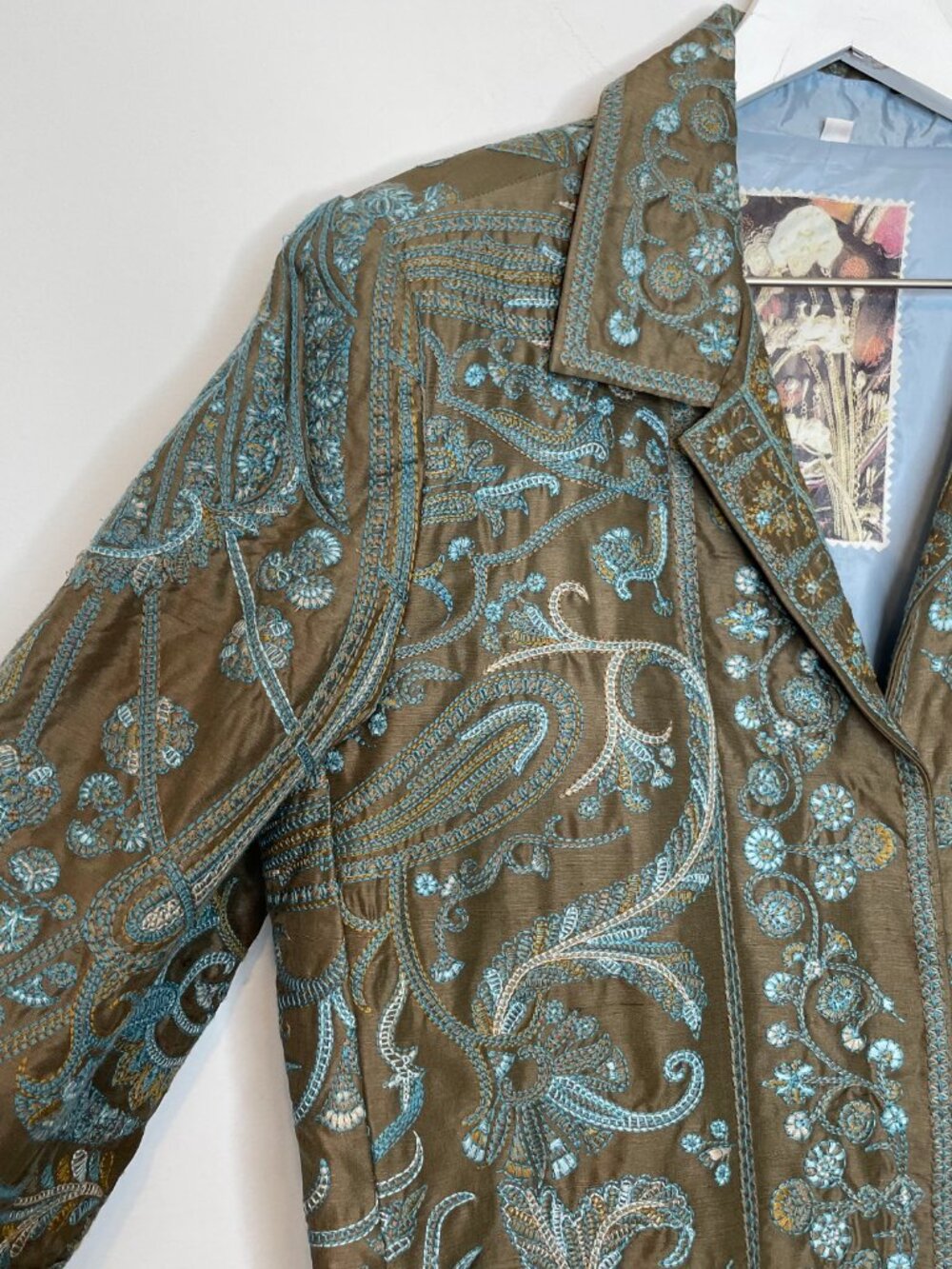 Johnny Was Silk Coat with Light Blue/Teal Embroidery - Picture 13 of 13